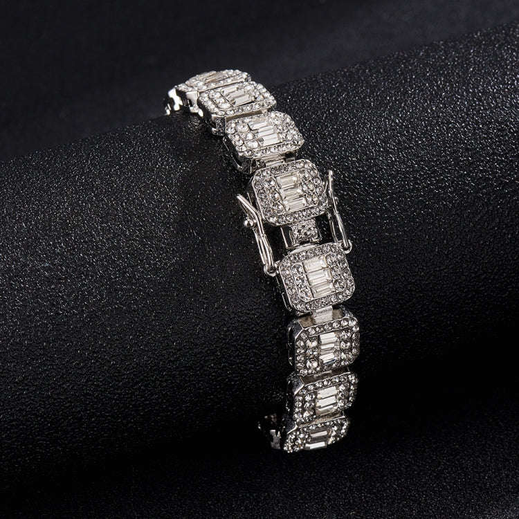 NL075H Street Hip Hop Square Rock Candy Necklace Bracelet, Size: 18cm (Silver)
