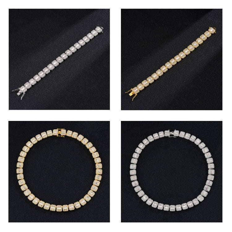 NL075H Street Hip Hop Square Rock Candy Necklace Bracelet, Size: 18cm (Silver)