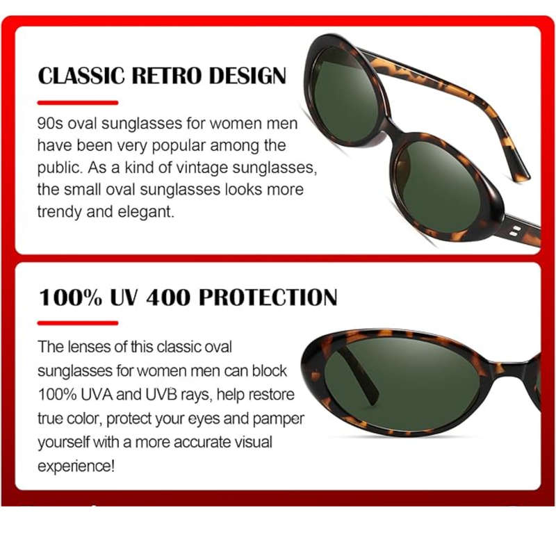 Retro Oval Sunglasses for Women,Girls and Youth, Fashion 90s Vintage Shades - Cat Eyes