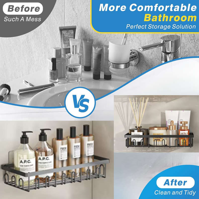 Shower Caddy with Hooks, Bathroom Organizers, Premium Metal, Adhesive - 8 Piece