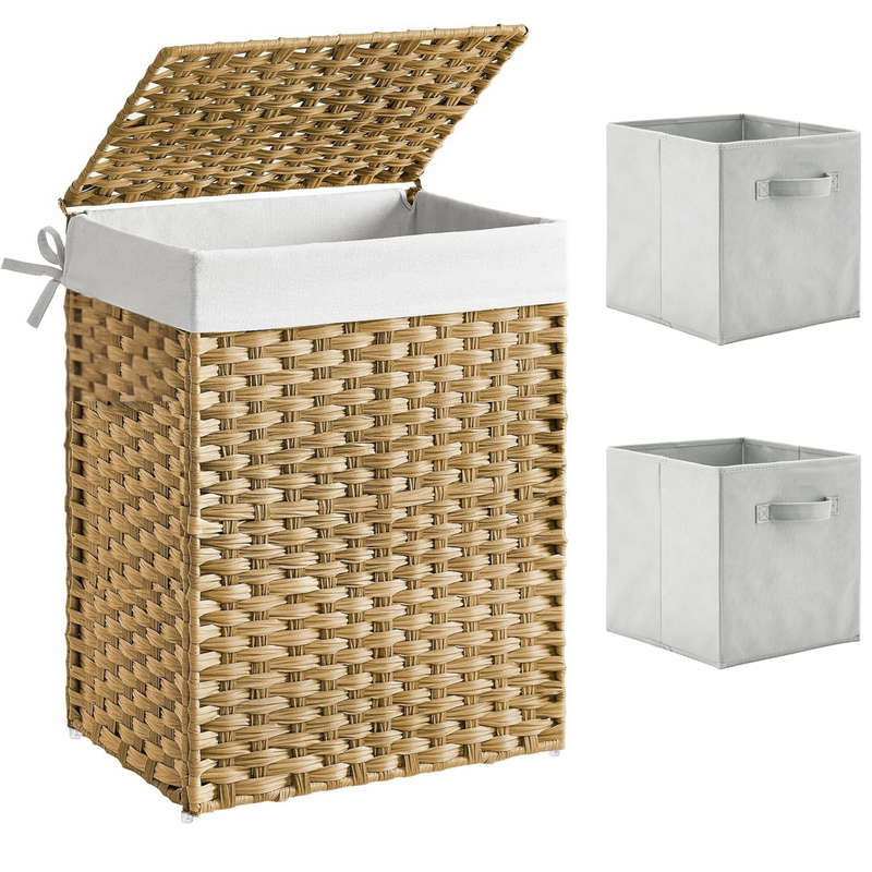 90L Laundry Basket With Lid, Compartment & Linen,2 Collapsible Storage Cube