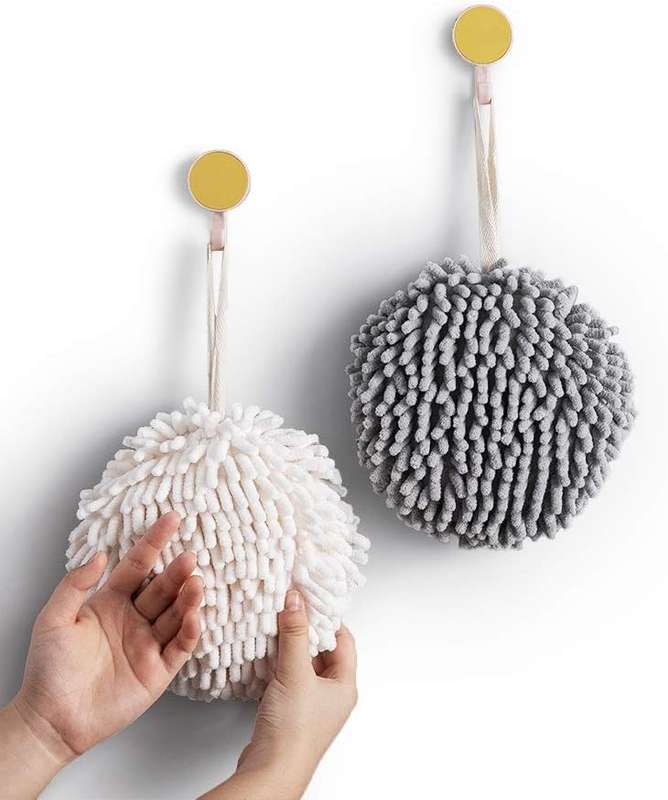2 Piece Fuzzy Ball Towel White & Grey, Hand Towel, Dry Your Hand Instantly