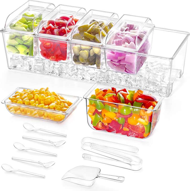 Ice Chilled Serving Set for Party With 5 Containers, Lids, Spoons & Tongs