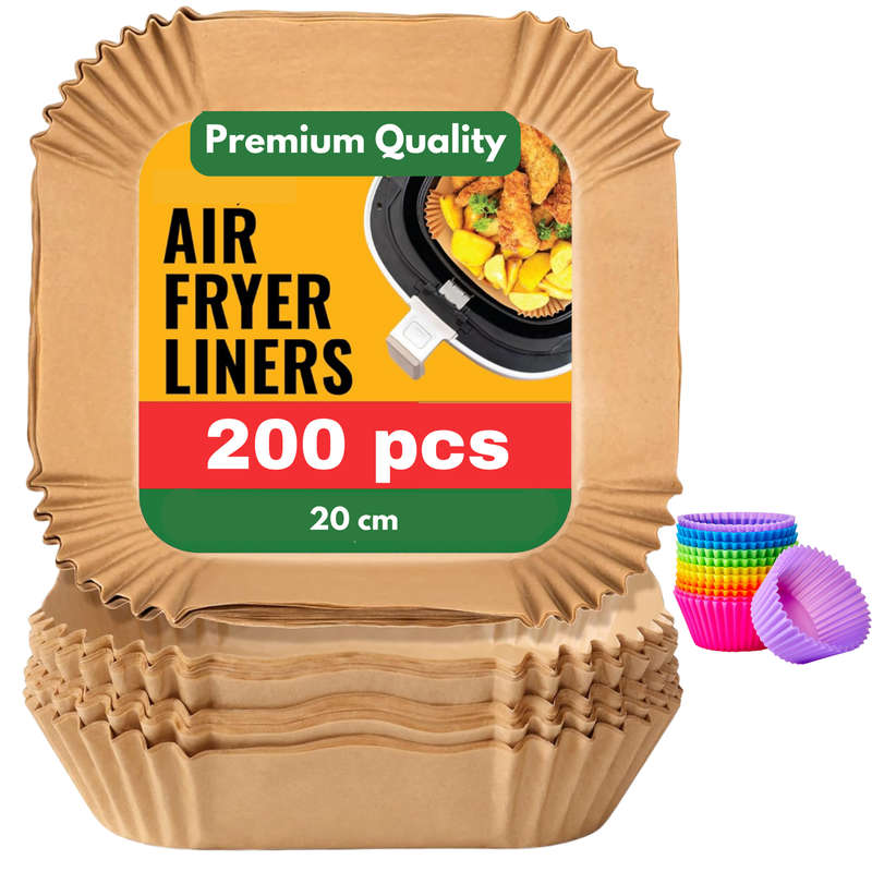 200x Air Fryer Liners Disposable & 12x Reusable Silicone Round Baking Cups