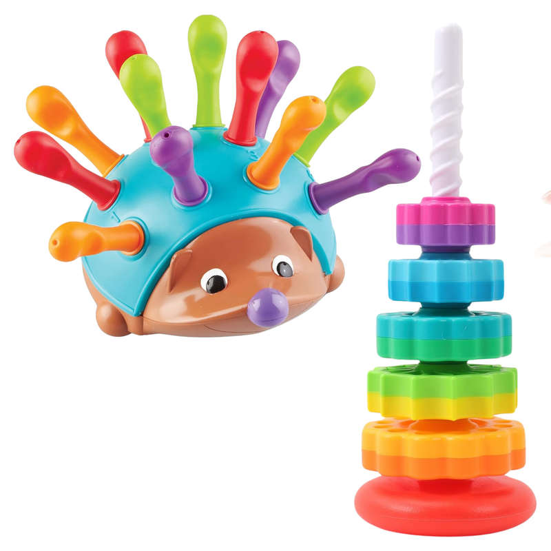 2 Piece Toddler Toys, Fine Motor Hedgehog Toy & Baby Spinning Stacking Toy