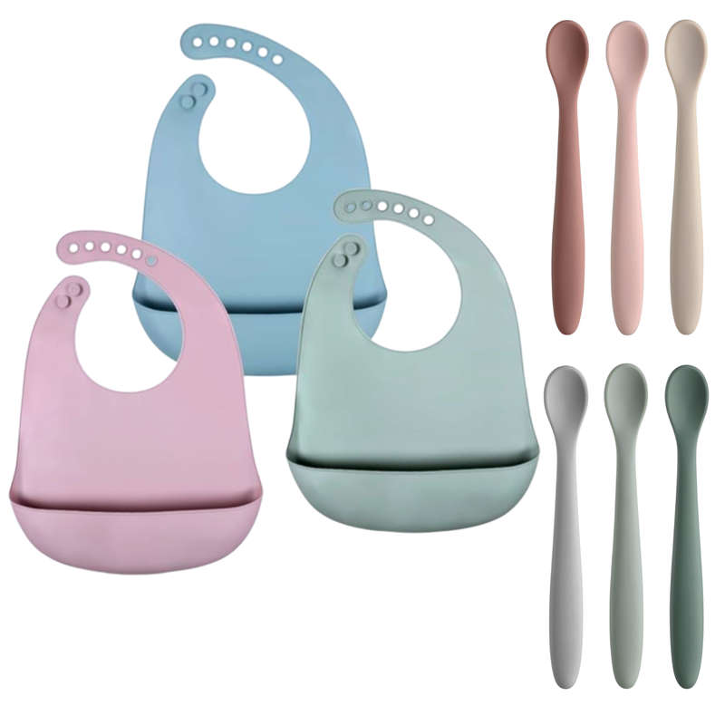 3 Piece Silicone Baby Bibs Waterproof & 6 Piece Silicone Baby Feeding Spoons