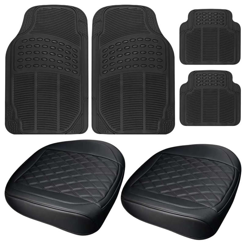 2 Pieces Car Seat Cover with Pocket & 4 Pcs Car Mats, Universal Size, Black