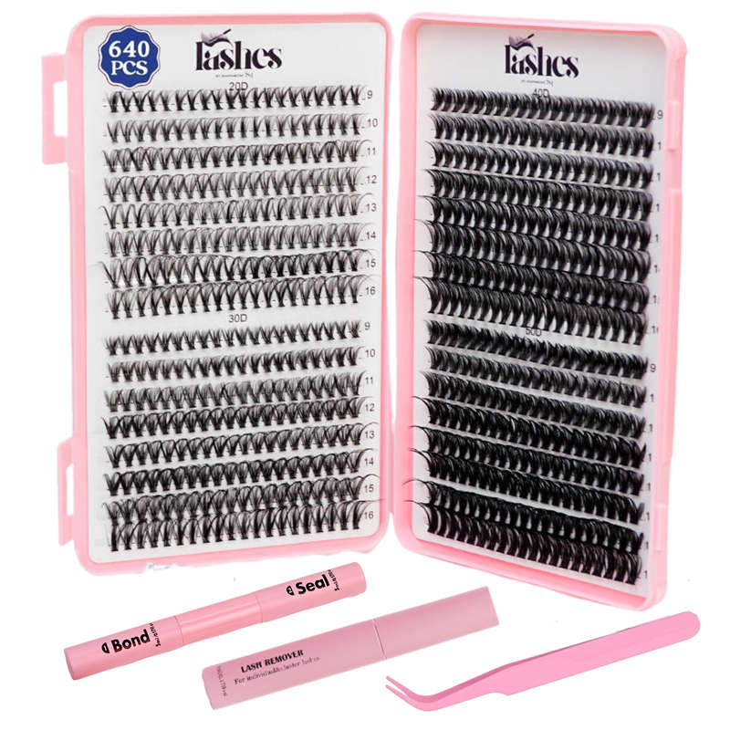 640 Pieces Lash Clusters Extension Kit With Lash Bond, Seal, Remover & Tweezer