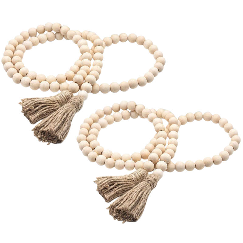 2 Pcs Farmhouse Wood Beads Garland with Tassels, Boho Home Decor, Handmade