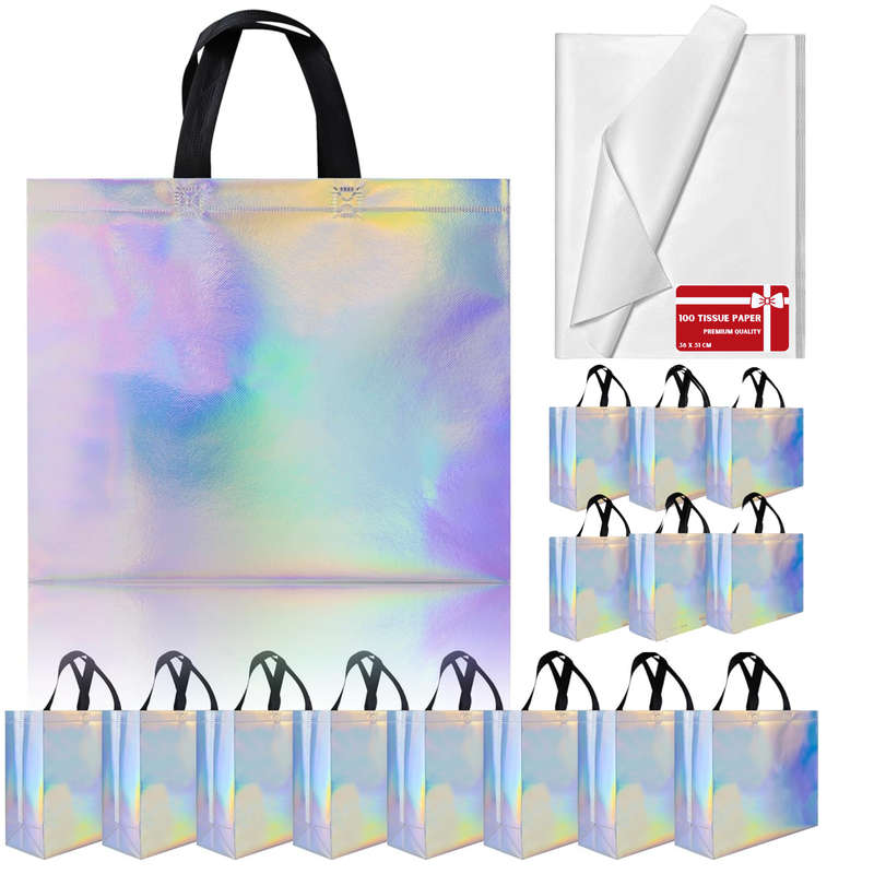 15 Glossy Iridescent Reusable Gift Bags & 100 Gift Wrap White Tissue Paper