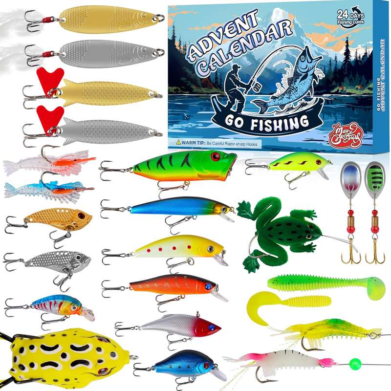 24 Piece Fishing Lures Kit, Fishing Advent Calendar 2025, Gift Packaging