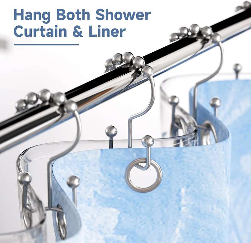 Shower Curtain Rod Extendable & 12x Shower Curtain Hooks, No Drilling