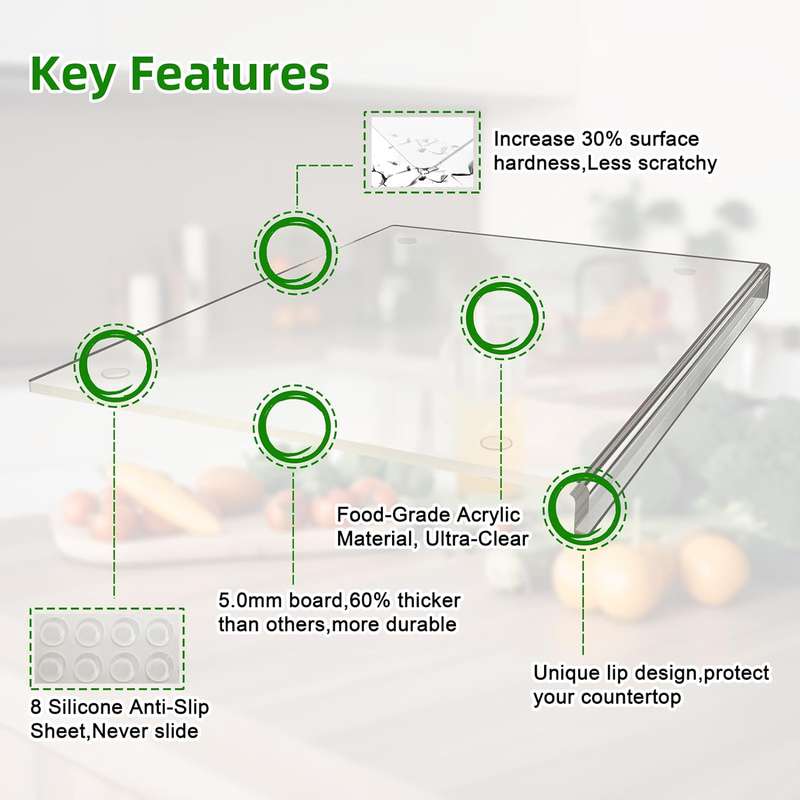 Premium Acrylic Cutting Board with Counter Lip, 45 cm x 35 cm, Non-Slip