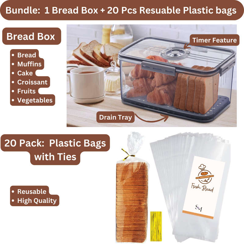 Bread Bin Box for Kitchen & 20 Pack Reusable Plastic Bread Bags with Ties