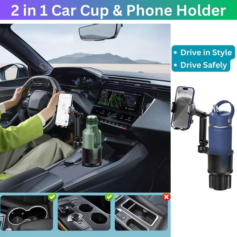 2 in 1 Cup Holder Phone Holder for Car with Expandable Base & Long Arm