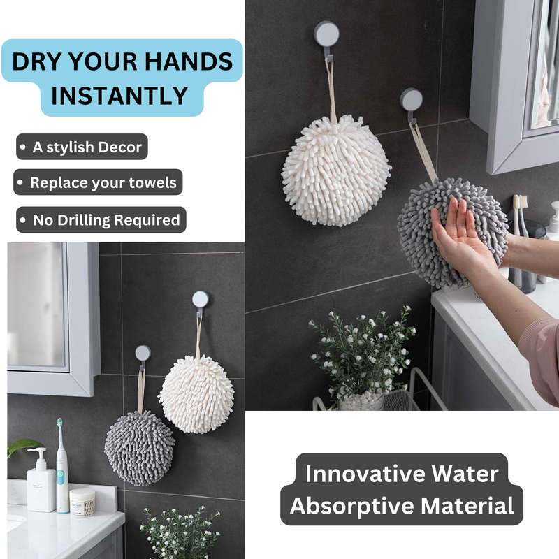 2 Piece Fuzzy Ball Towel White & Grey, Hand Towel, Dry Your Hand Instantly