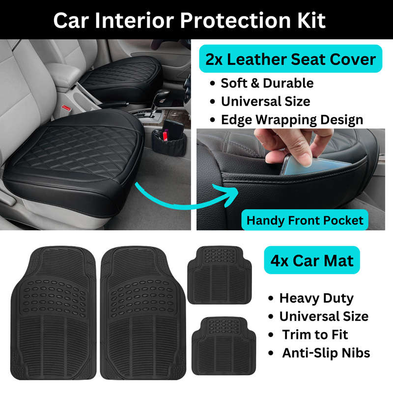 2 Pieces Car Seat Cover with Pocket & 4 Pcs Car Mats, Universal Size, Black