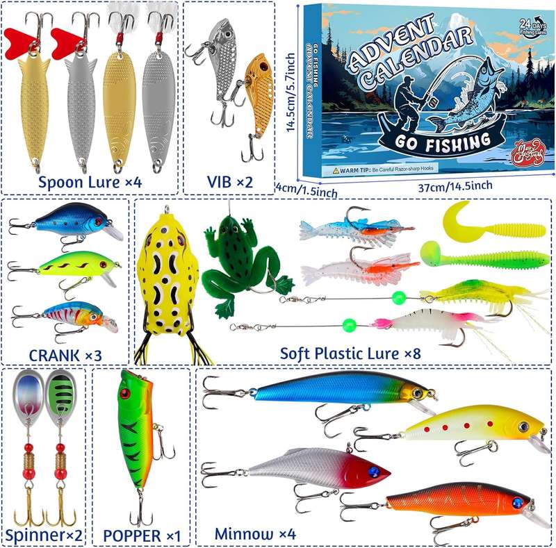 24 Piece Fishing Lures Kit, Fishing Advent Calendar 2025, Gift Packaging