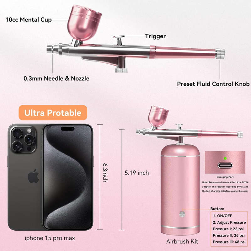 Portable Airbrush Kit with Compressor 0.3mm Nozzle, 48PSI High Pressure