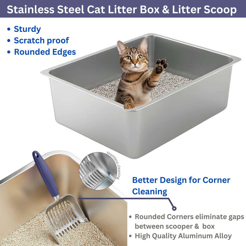 Stainless Steel Cat Litter Box With Cat Litter Scoop, Non Stick, No Smell