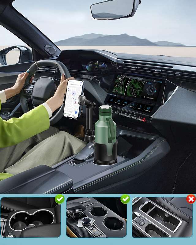 2 in 1 Cup Holder Phone Holder for Car with Expandable Base & Long Arm