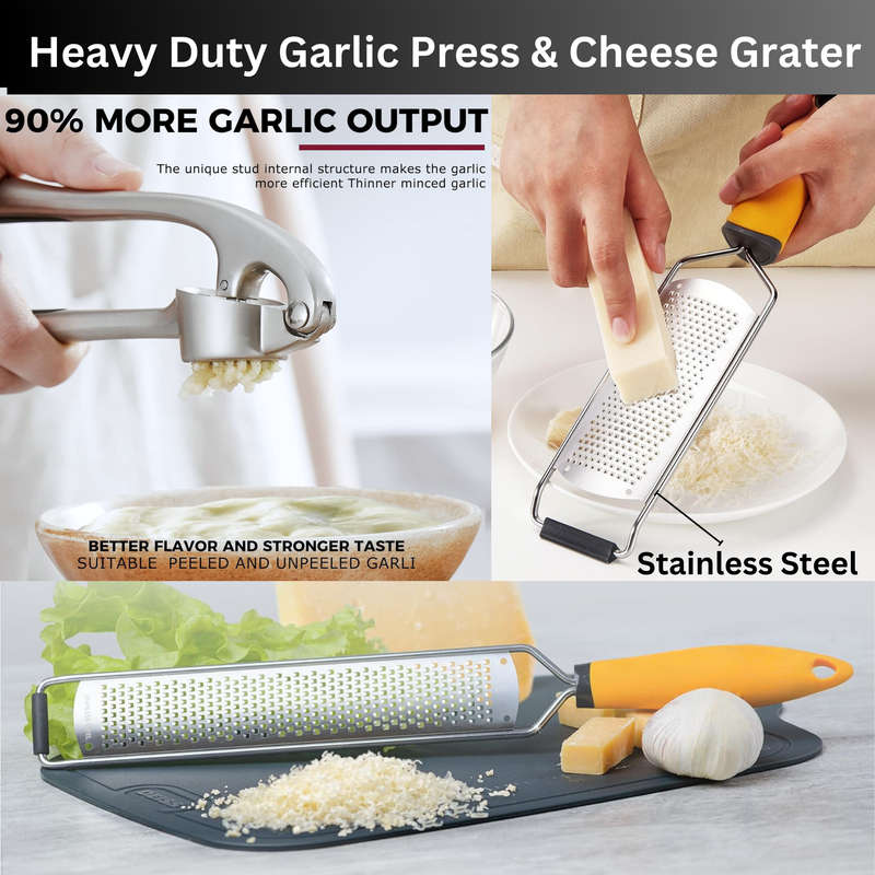 Garlic Press With Studs, Garlic Mincer & Stainless Steel Cheese Grater