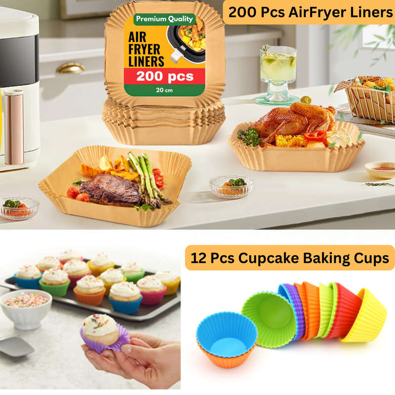 200x Air Fryer Liners Disposable & 12x Reusable Silicone Round Baking Cups