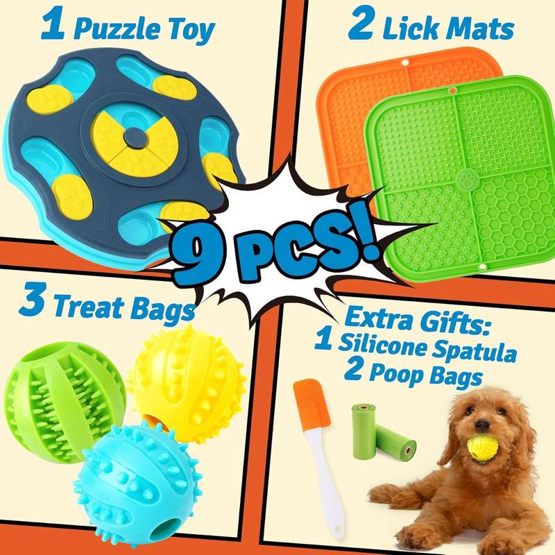 9 Pack Dog Puzzle Toy Set, Dog Enrichment Toys with Lick Mat & Treat Balls