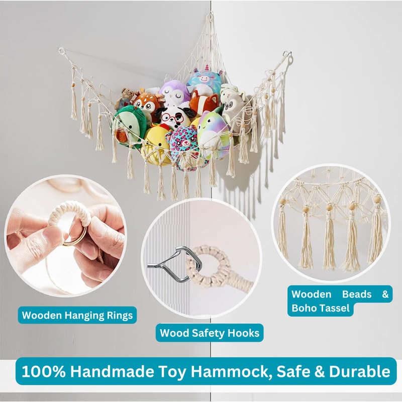 Handmade Hammock for Stuffed Animals& Plush Toy Storage, Boho Macrame Style