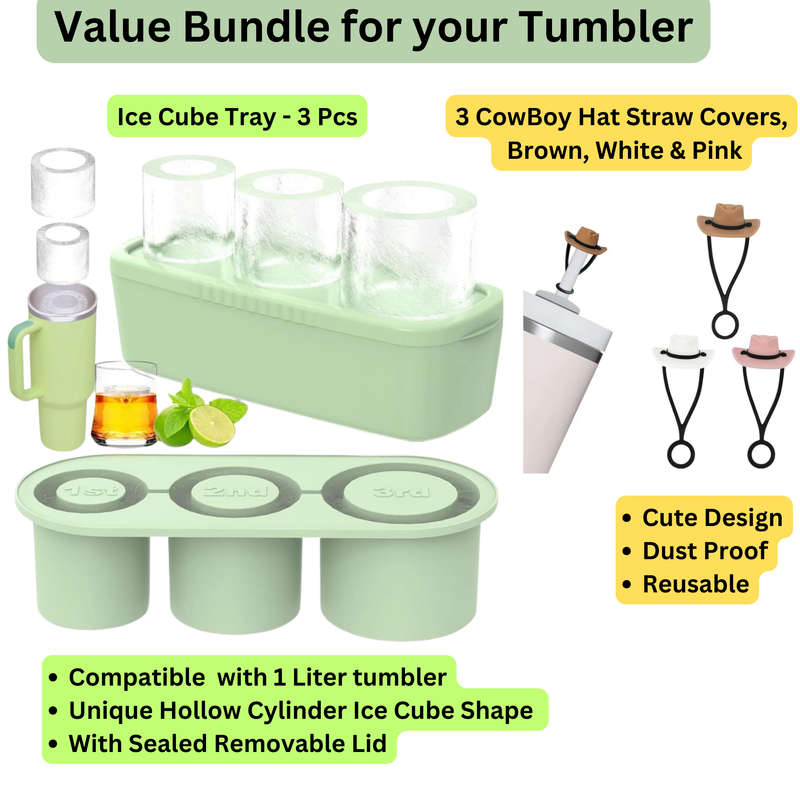3 Pieces Ice Cube Tray For Tumbler Cup With 3 Cute Hat Shape Straw Covers Cap