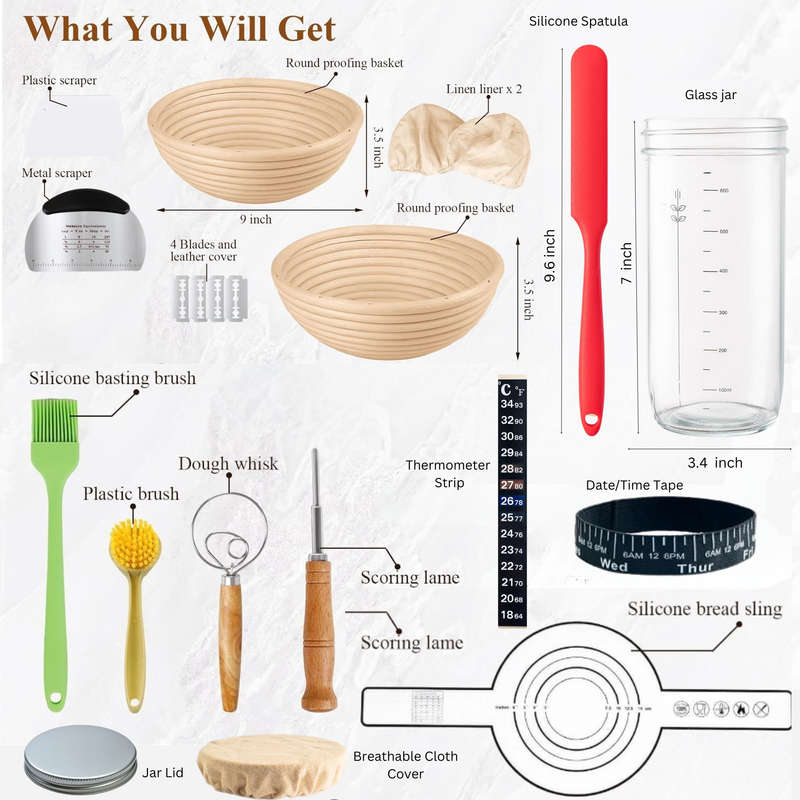 Banneton Bread Proofing Basket,Sourdough Starter Kit,Baking Supplies 20 Pcs