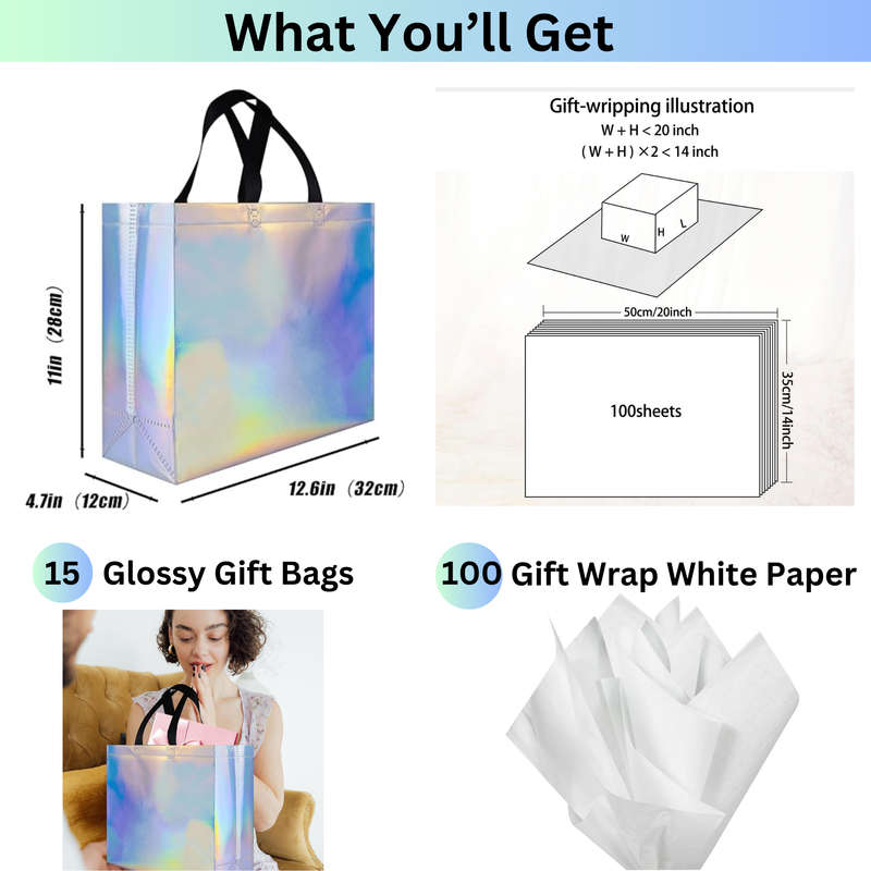15 Glossy Iridescent Reusable Gift Bags & 100 Gift Wrap White Tissue Paper