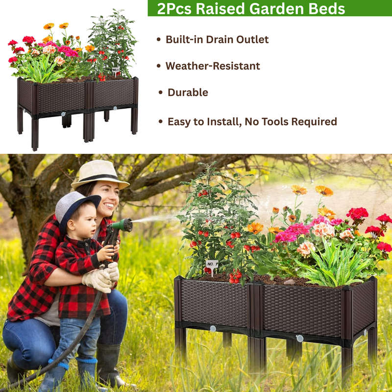 2 Pack Raised Garden Bed With Drain Outlet, Bed Vegetable Herb Planter Box
