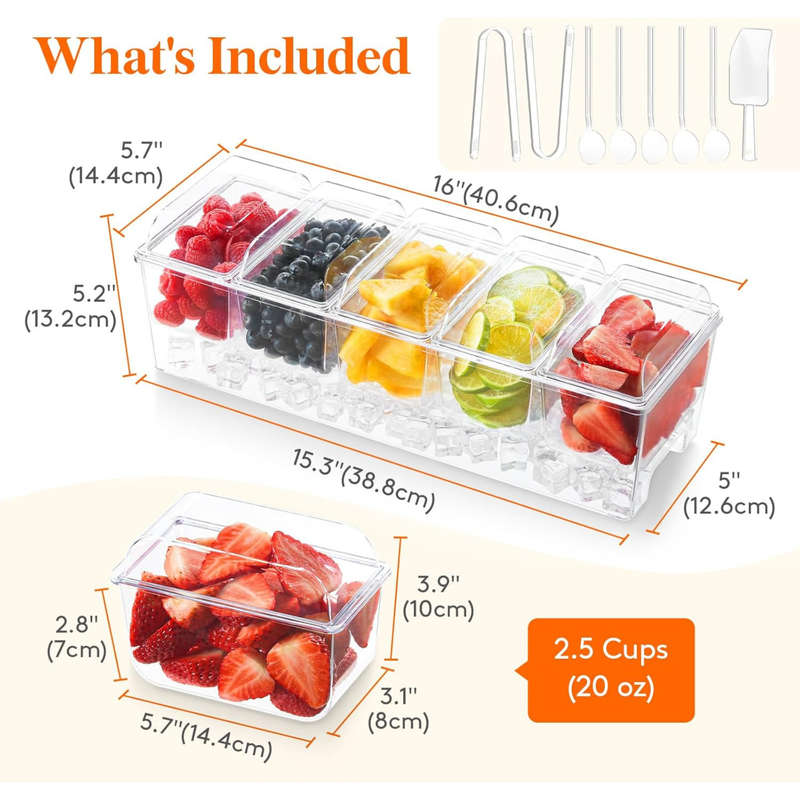 Ice Chilled Serving Set for Party With 5 Containers, Lids, Spoons & Tongs