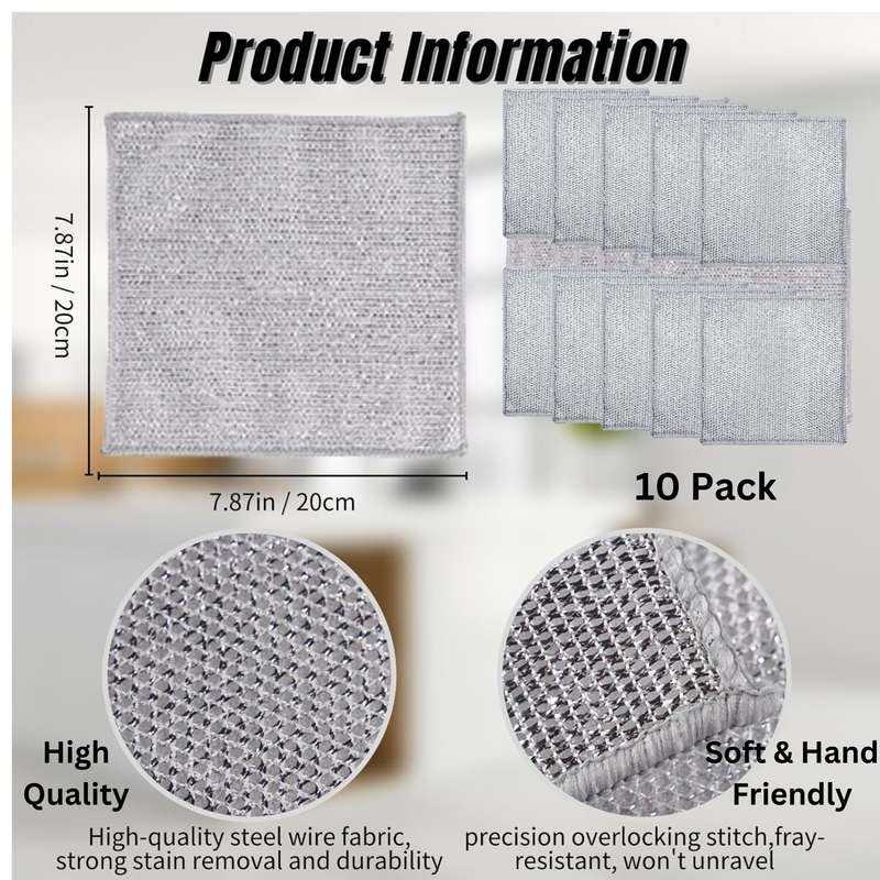 10 Pcs Multifunctional Non-Scratch Wire Dishcloth, Silver Wire Washing Cloth