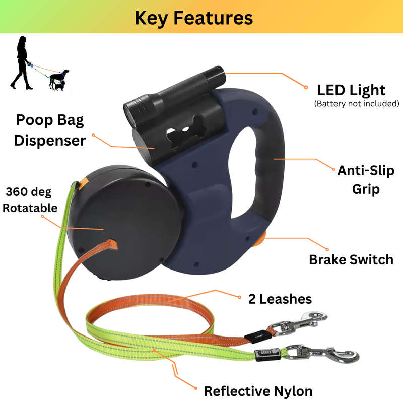 Dual Retractable Dog Leash with LED Light, 3M Leash with 360 Tangle-Free