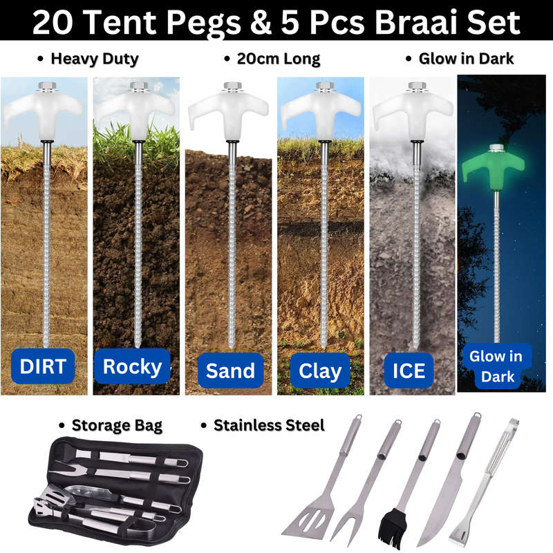 20 Pack Heavy Duty Glow in Dark Tent Stakes, Pegs With 5 Pcs Braai BBQ Set