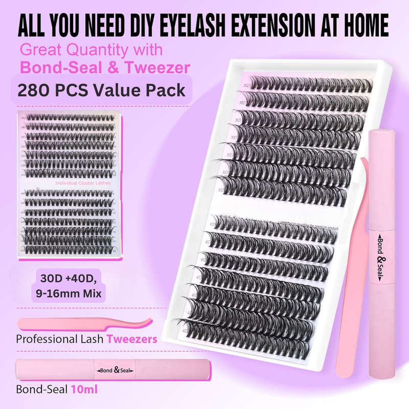 280 Pcs 30D and 40D Lash Extension Kit DIY, with Bond and Seal and Tweezer