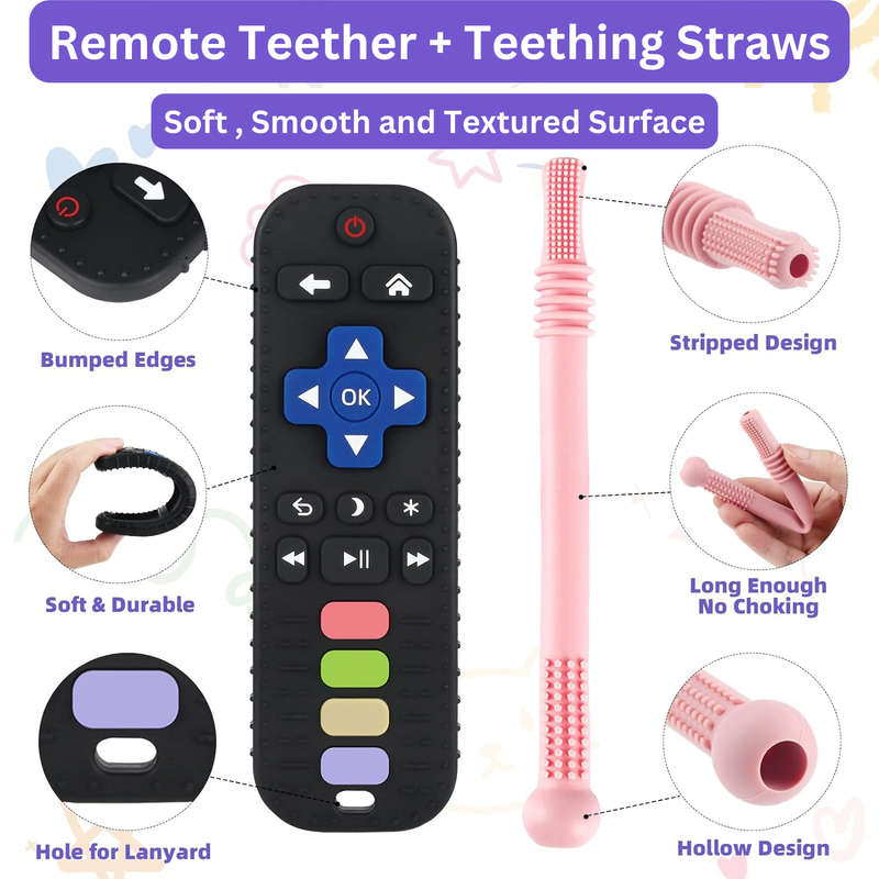4 Pcs Baby Teething Toys, Silicone Teething TV Remote, Sensory Chew Toy