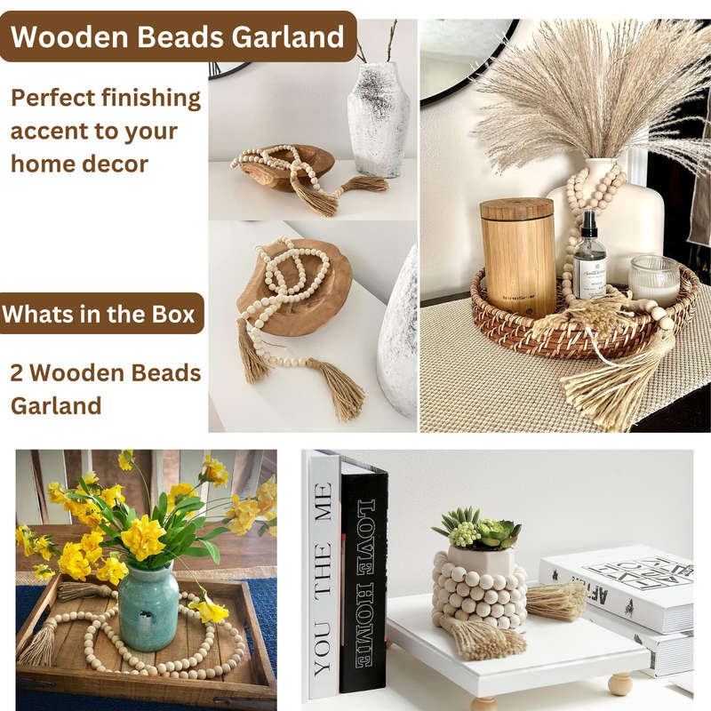 2 Pcs Farmhouse Wood Beads Garland with Tassels, Boho Home Decor, Handmade