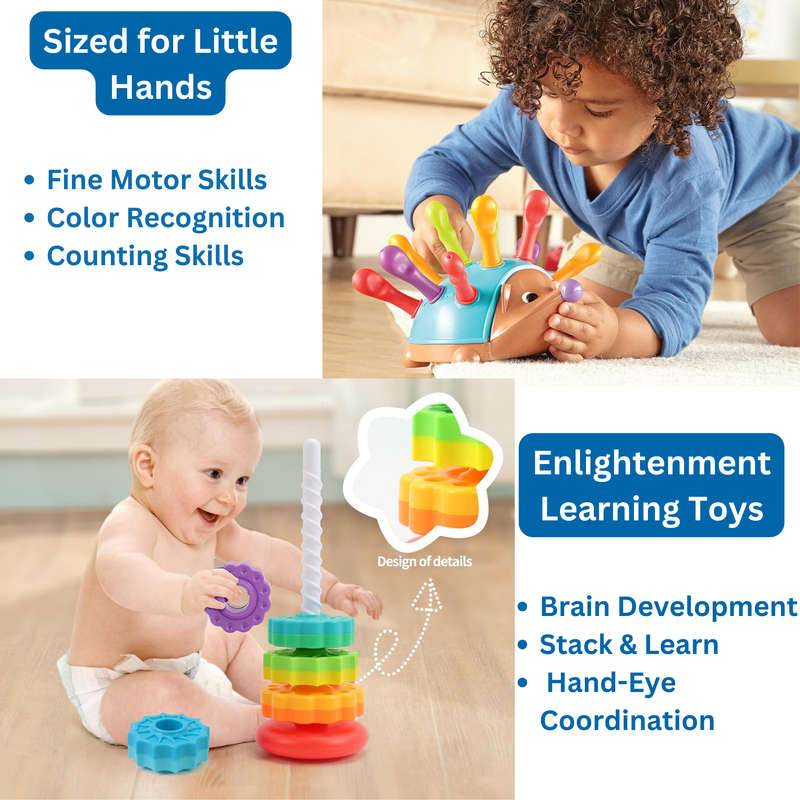 2 Piece Toddler Toys, Fine Motor Hedgehog Toy & Baby Spinning Stacking Toy
