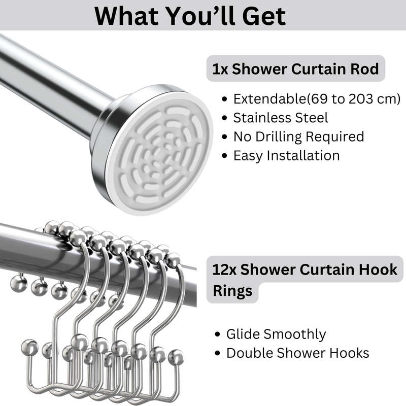 Shower Curtain Rod Extendable & 12x Shower Curtain Hooks, No Drilling