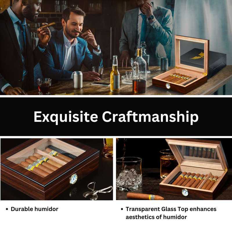 Cigar Humidor With Humidifier, Hygrometer & Ashtray, Glass Top Cigar Case