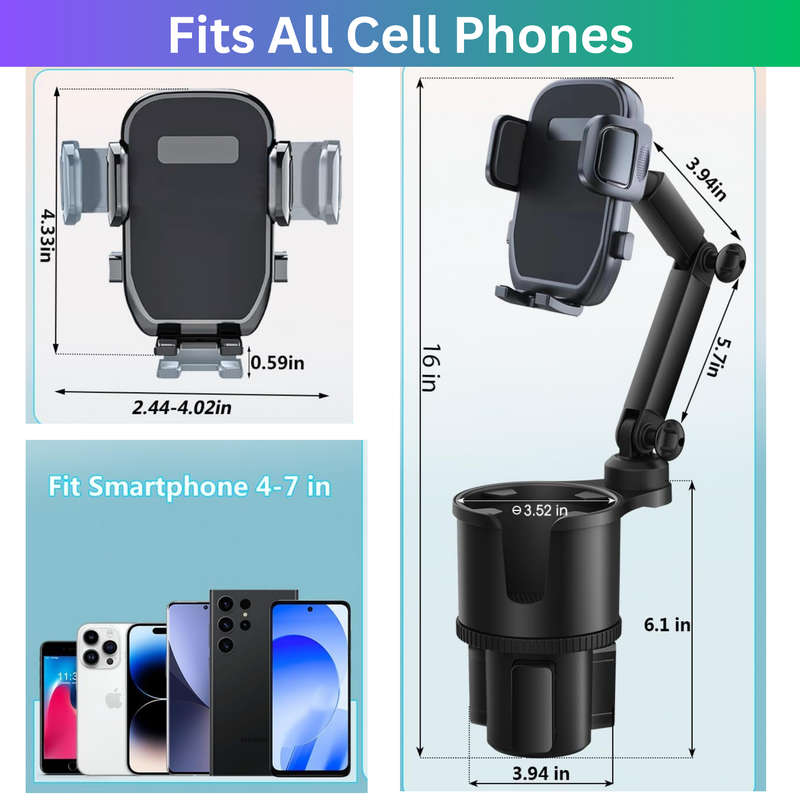 2 in 1 Cup Holder Phone Holder for Car with Expandable Base & Long Arm