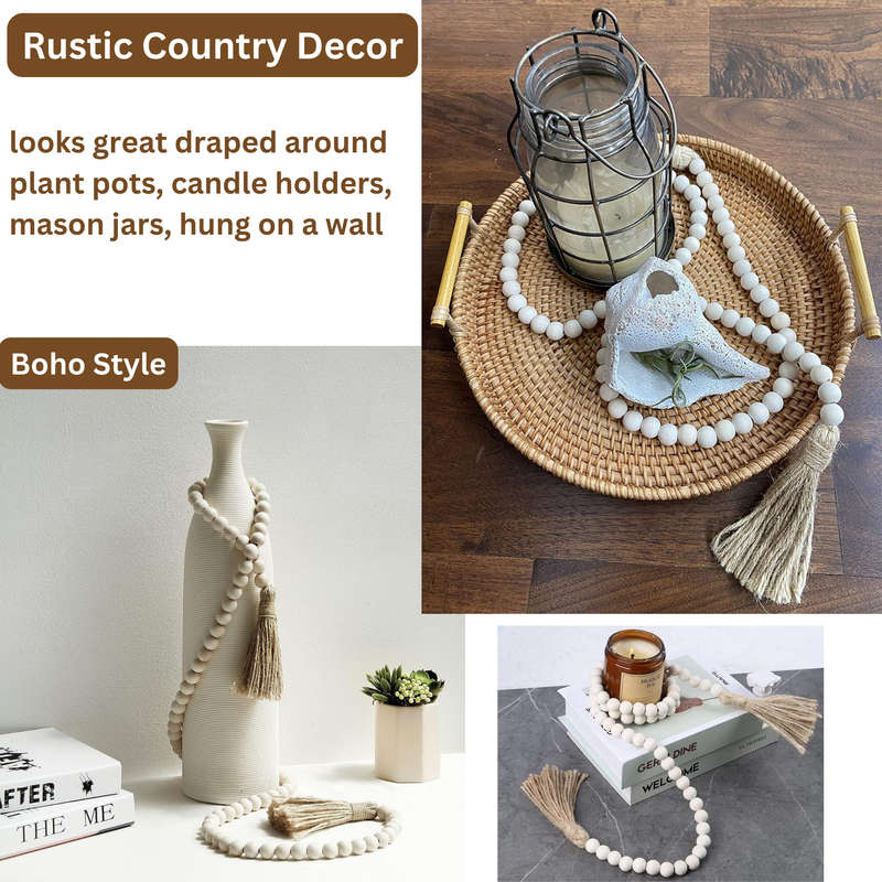 2 Pcs Farmhouse Wood Beads Garland with Tassels, Boho Home Decor, Handmade