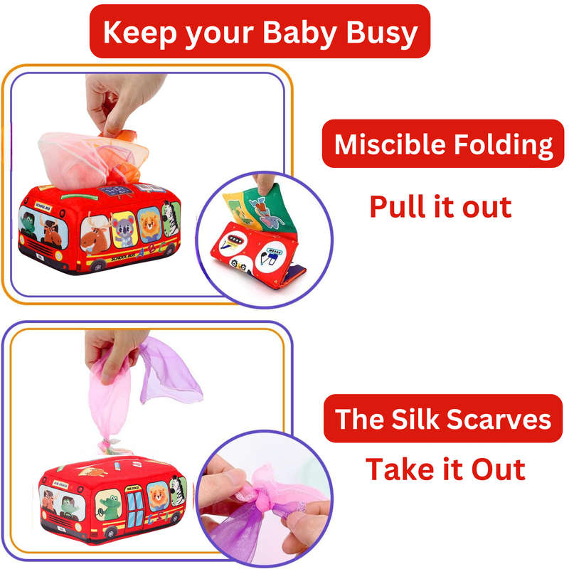 Baby Tissue Box Toy With 3 Crinkles And 10 Scarves, Baby and Toddler Toys