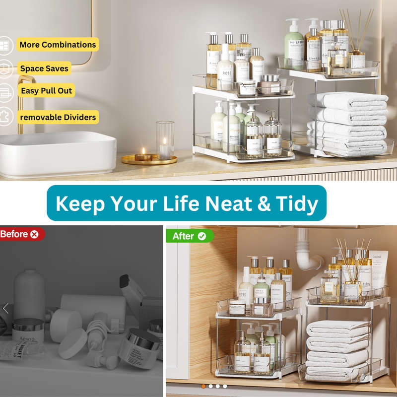 2 Sets Of 2-Tier Multi-Purpose Bathroom Under Sink Organiser and Storage