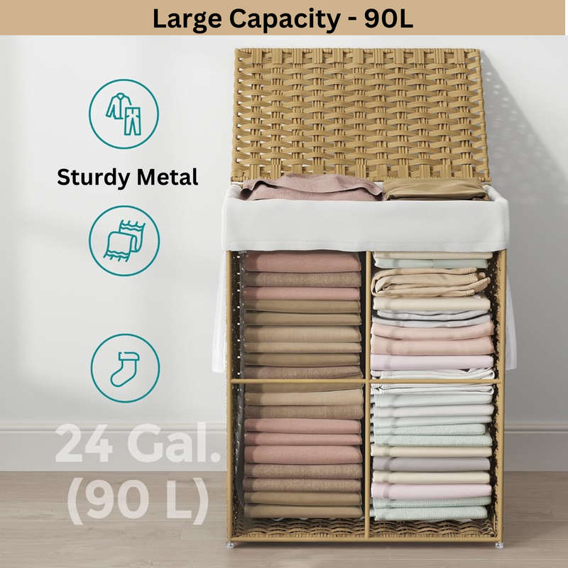 90L Laundry Basket With Lid, Compartment & Linen,2 Collapsible Storage Cube