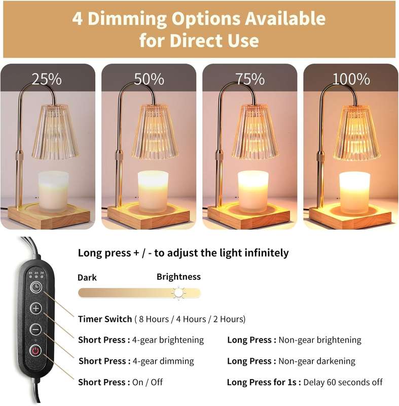 Candle Warmer Table Lamp with 2 Bulbs, Dimmer Timer & Adjustable Height