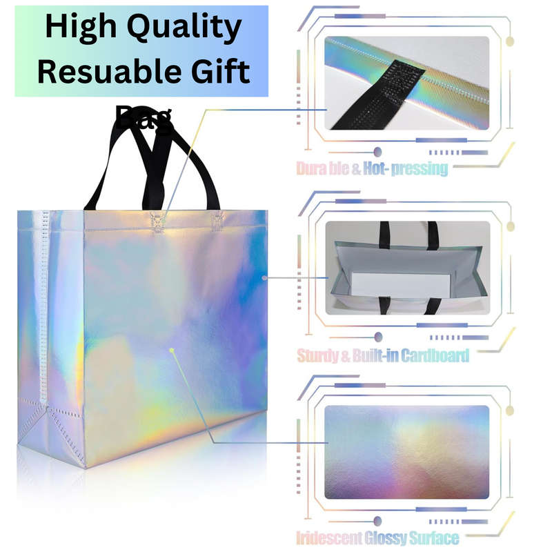 15 Glossy Iridescent Reusable Gift Bags & 100 Gift Wrap White Tissue Paper